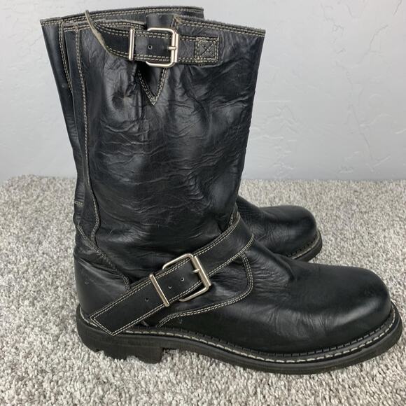 John Fluevog Engineer Boots Mens Size 13 Leather Motorcycle Biker Strap Sole - Picture 2 of 11